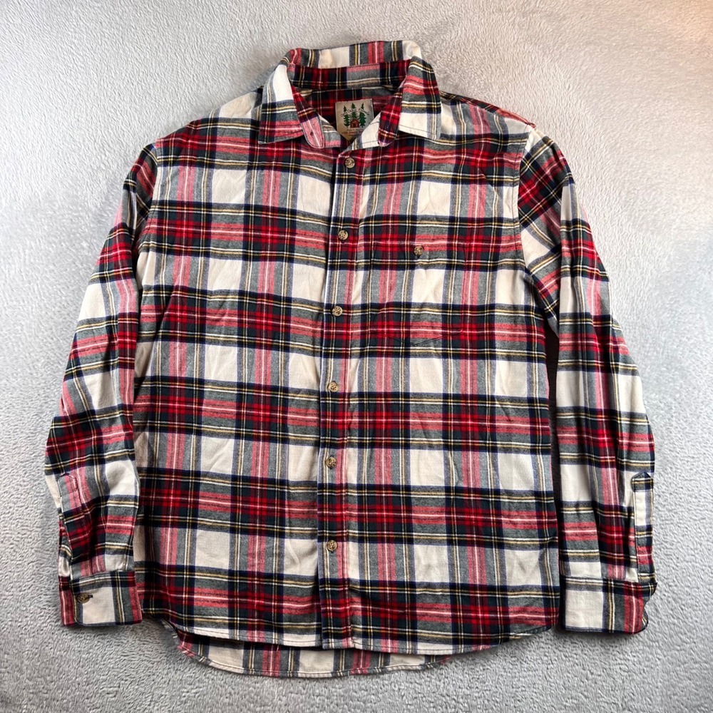Kiel James Patrick Cozy Cabin Flannel Shirt Mens L Red White Plaid Vermont Xmas